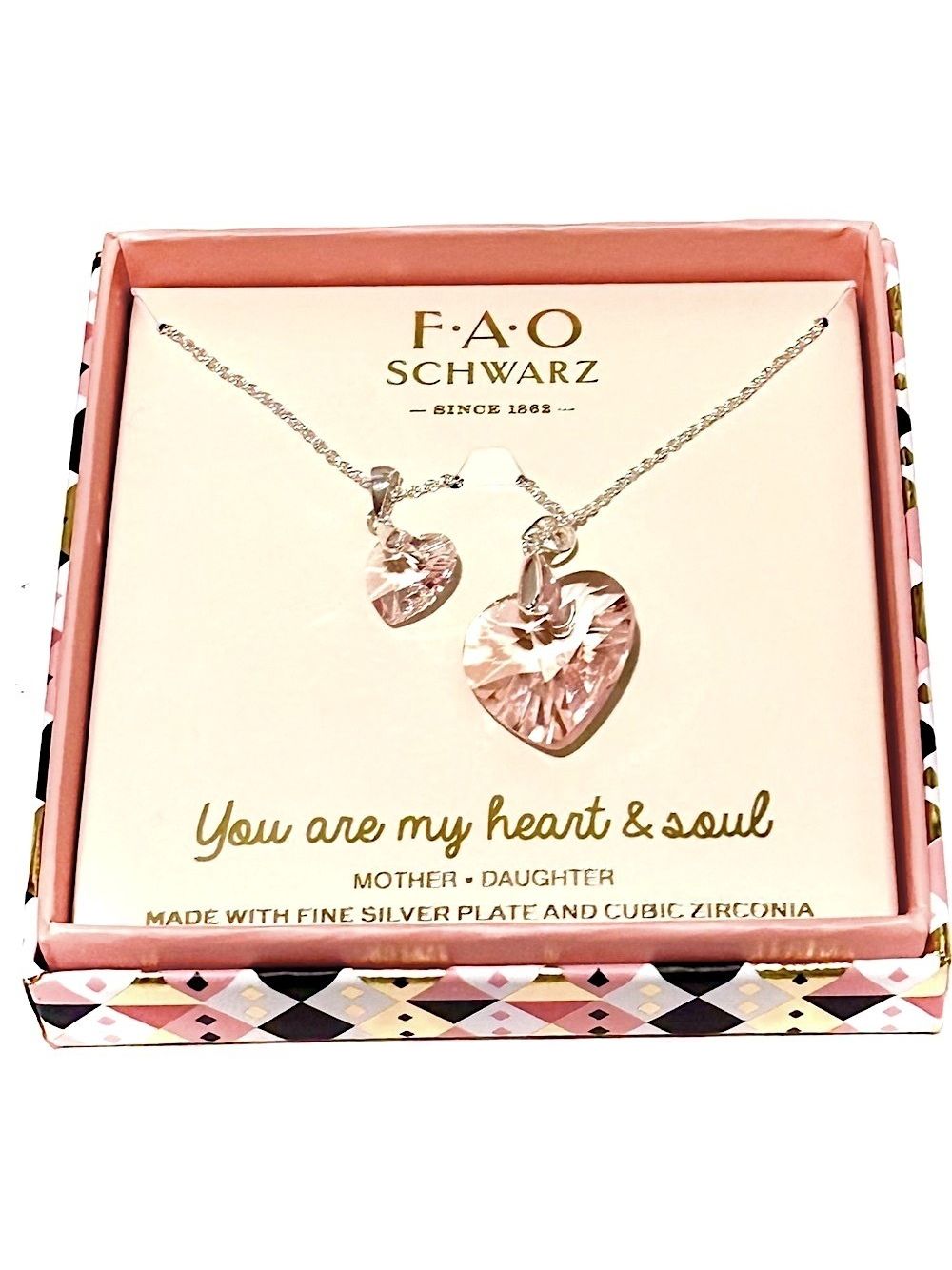Fao Schwarz Mom/Daughter Pink Swarovski Crystal Heart Silver Plated Necklace Set